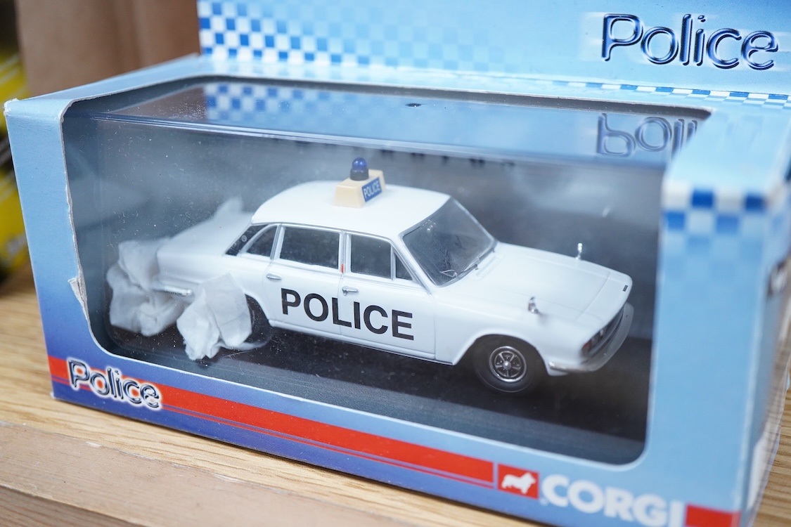 A collection of boxed diecast vehicles, mainly Police related, by Vanguards, Corgi, Cararama, etc. including a Brooklin Models white metal model of a 1972 Vauxhall Ventura (IPV04) in Huddersfield & District (West Yorkshi